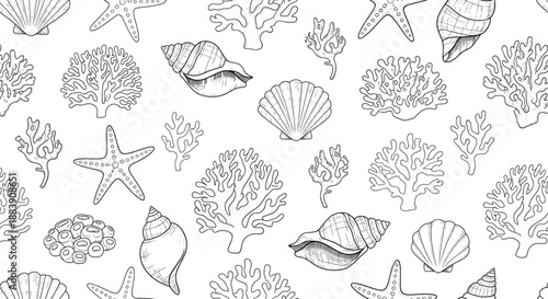 Hand drawn sea life pattern vector illustration with shells, corals, starfish, and underwater elements in detailed line art style