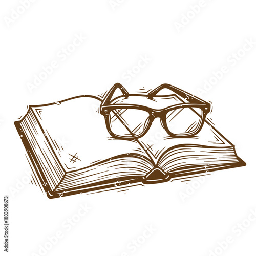 Drawing Vintage grunge  texture Brown sketch of glasses on an open book  reading concept with eyeglasses on a textbook  education and learning symbol