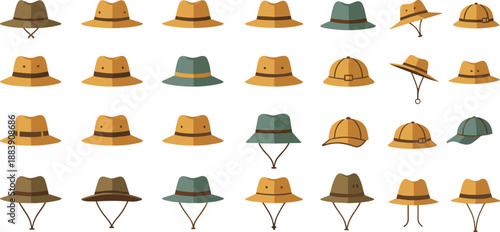 Safari and outdoor hats vector illustration set featuring bucket, fedora, and adventure headwear in flat cartoon style