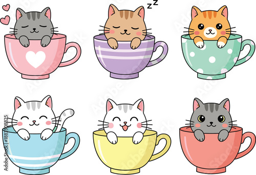 Cute cats sitting in colorful teacups vector illustration set with cozy mugs and adorable kawaii cartoon kittens