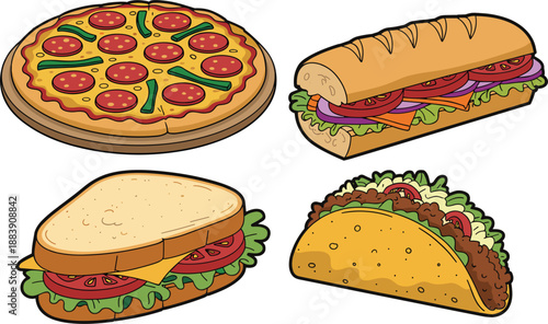 Hand-Drawn Fast Food Collection Vector Illustration of Pizza, Submarine Sandwich, Taco, and Deli Sandwich