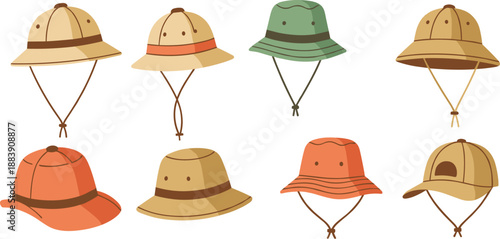 Cute outdoor adventure hats vector illustration set with safari, bucket, and casual headwear in colorful cartoon style