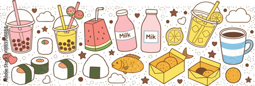 Cute food and drink doodle vector illustration set with milk bottles, snacks, sushi, desserts, and cozy cartoon style