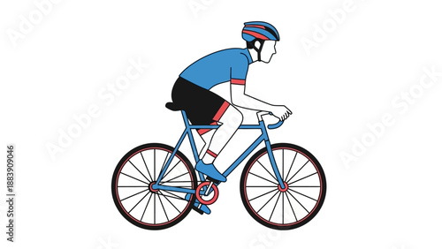 Cyclist riding blue bicycle with safety gear.