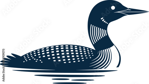 Common loon bird silhouette vector, swimming on lake water, wildlife icon illustration, black and white nature logo design