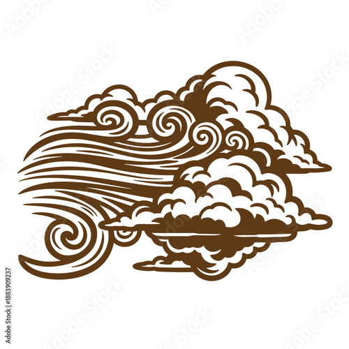 Drawing Vintage grunge  texture Brown swirling storm cloud illustration  weather symbol  graphic design element  meteorology icon
