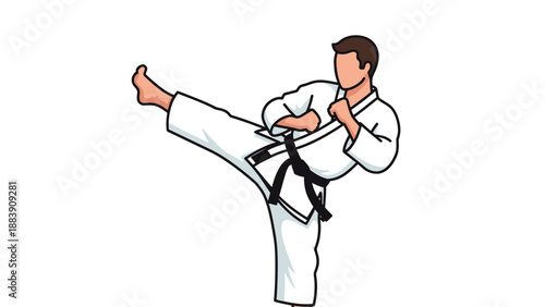 A man in a karate uniform kicks high.