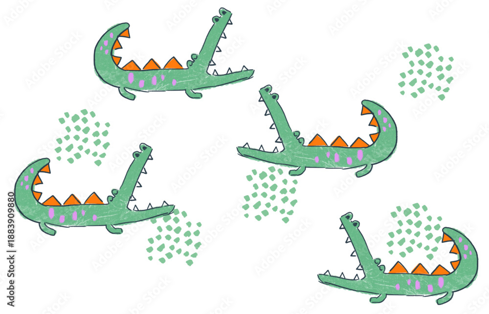 Fototapeta premium Cute Hand-Drawn Crocodile Pattern: Whimsical Green Alligator Illustration with Textured Crayon Style