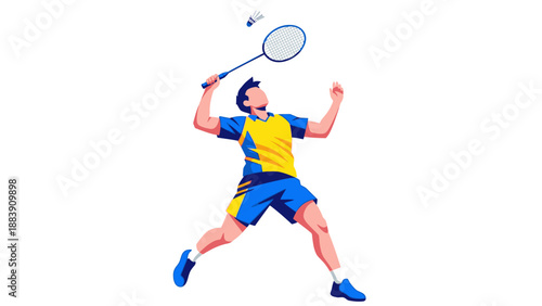 Man playing badminton with racket and shuttlecock.