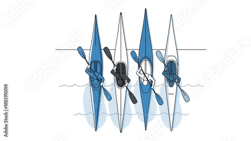 Kayaking illustration with three kayaks and paddles.