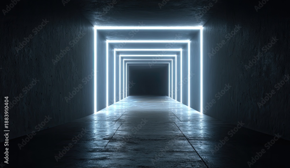 Obraz premium A dark hallway with neon light squares leading into the darkness. Concrete texture
