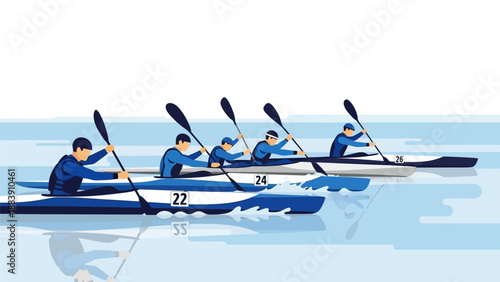 Four people kayaking on a serene lake.