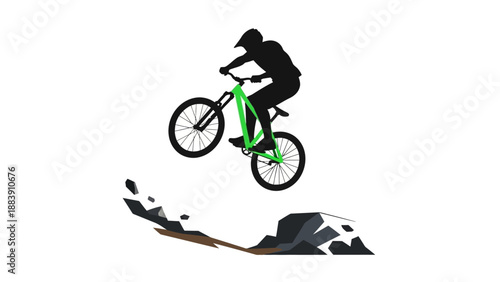A mountain biker in mid-air performing a jump.
