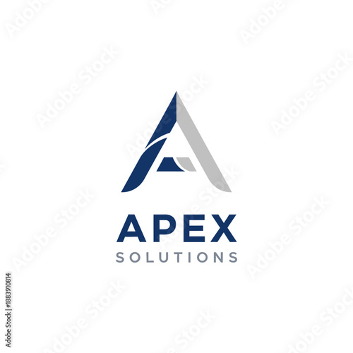 Abstract letter A logo design for Apex Solutions in blue and gray corporate colors.