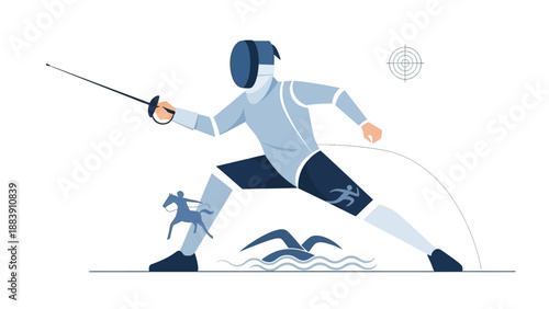 Fencer in action with sword and protective gear.