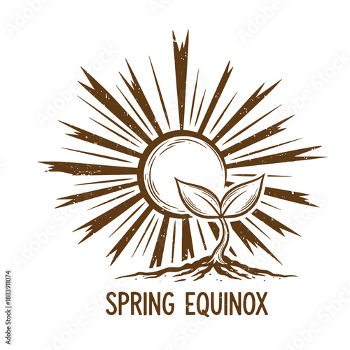 Drawing Vintage grunge  texture spring equinox illustration with sprouting plant and sun rays  seasonal symbol