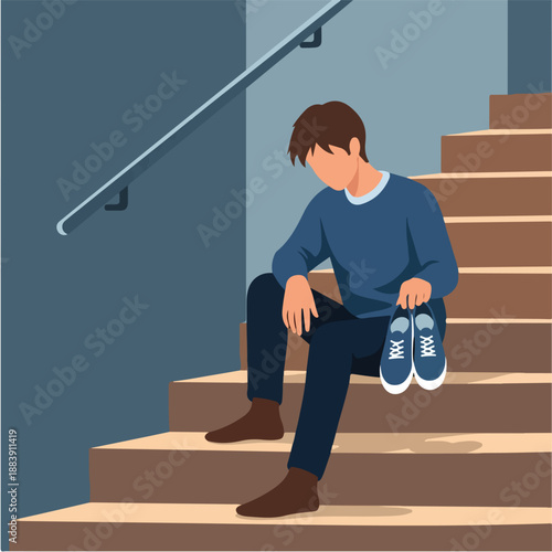 Sad Man Sitting on Stairs Holding Shoes, Feeling Down