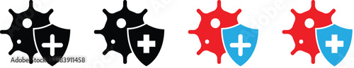 Antivirus and cybersecurity protection icon set featuring shield and virus symbols in flat silhouette style