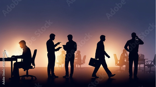 Silhouettes of business people working late in an office at dusk.