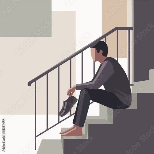 Sad Man Sitting on Stairs Holding Shoes, Feeling Down