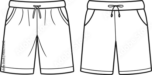 Drawstring Shorts Fashion Flat Technical Sketch, Jersey or Fleece Shorts CAD Vector Template, Apparel Design Mockup for Loungewear and Streetwear Production.