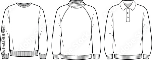 Essential Knitwear Pullover Tops Technical Vector Set, Crewneck, Mock Neck, and Polo Sweater CAD Flats, Apparel Design Template for Winter Clothing.