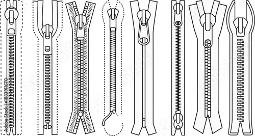 Essential Zipper Types Vector Set, Fastener Design Elements for CAD Streetwear Flat Illustrations, Sewing and Garment Production, Technical Outlines, Black and White.