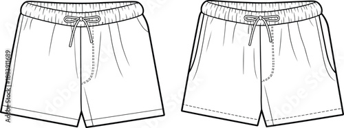 Extensive Bottoms Technical Vector Flat Set, Shorts, Joggers, and Trousers CAD Templates, Elastic Waist and Formal Designs for Apparel Production Packs.