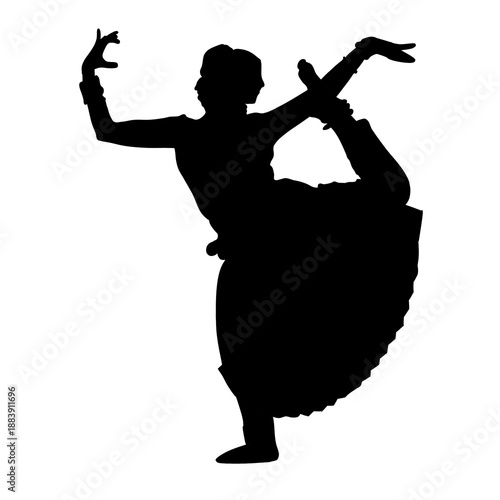 A silhouette of a dancer in a dynamic pose, with one leg raised and bent, and arms outstretched.