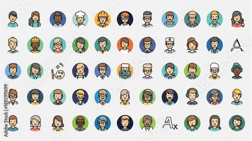 Collection of diverse cartoon avatar icons representing different people.