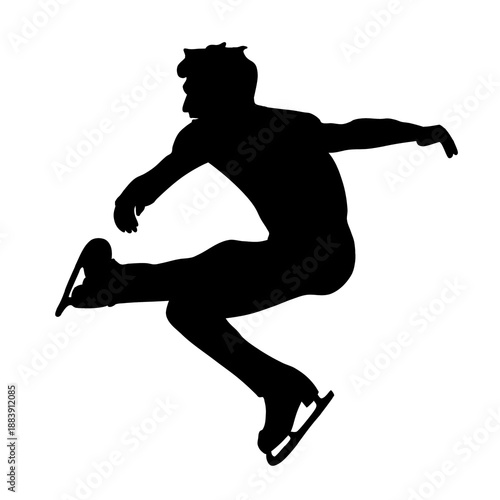 A black silhouette of a figure skater in mid-jump, with one leg extended and arms outstretched.