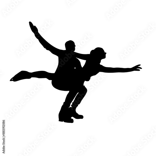 A black silhouette of two ice skaters performing a lift.