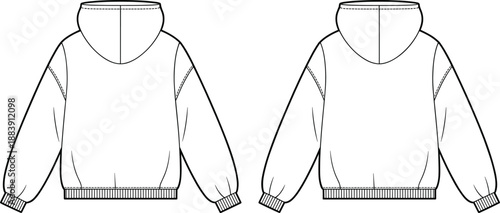 Hoodie back view flat cad drawing, oversize pullover hooded sweatshirt template with rib cuffs and hem, clean apparel fashion tech pack vector illustration