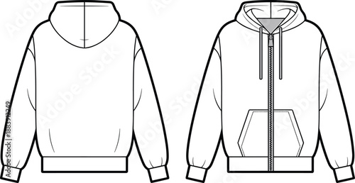 Hoodie sweatshirt front and back technical cad drawing, zip up hoodie fashion flat with kangaroo pocket and drawstring hood, clean outline apparel vector template