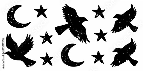 Silhouettes of birds moons and stars against a white background