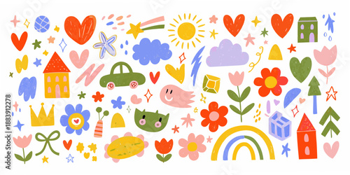 Colorful children s illustration featuring hearts sun rainbow and playful whimsical elements