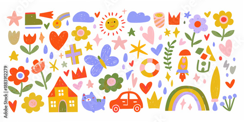 Colorful assortment of playful cartoon illustrations flowers sun hearts and whimsical objects