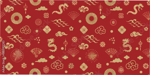 Traditional chinese new year pattern with dragons fans and auspicious symbols