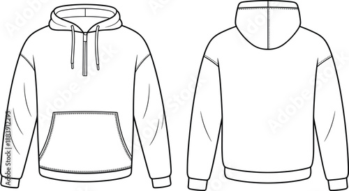 Hoodie sweatshirt front and back technical flat sketch with drawstring hood and pocket, detailed stitching line clothing design, apparel template cad drawing flat vector illustration