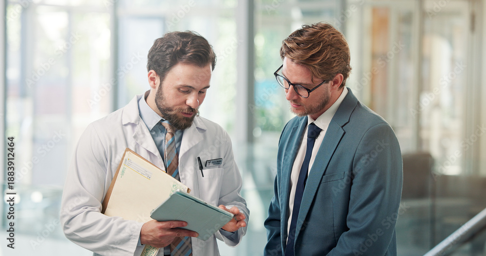 Fototapeta premium Doctor, businessman and tablet with meeting in clinic for appeal process, clarify billing info or claim. Health insurance specialist, men and tech in hospital for case management and policy coverage