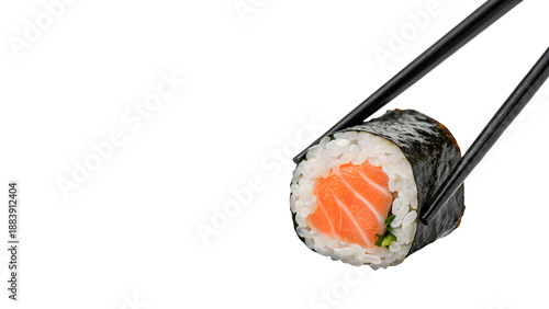 Fotografie Fresh sushi rolls held with chopsticks  isolated on transparent background cut o