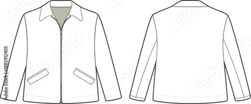 Jacket front and back technical flat sketch, zip up long sleeve outerwear design template with collar and pockets, cad drawing vector illustration