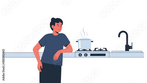 Man Waiting in Kitchen with Boiling Kettle