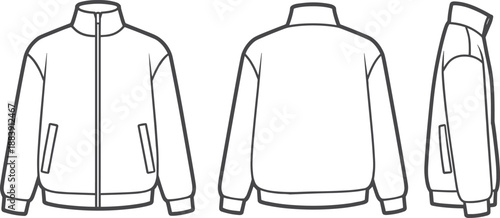 Jacket front, back, and side technical fashion flat sketch, casual outerwear design with zipper pockets and collar, cad drawing vector illustration