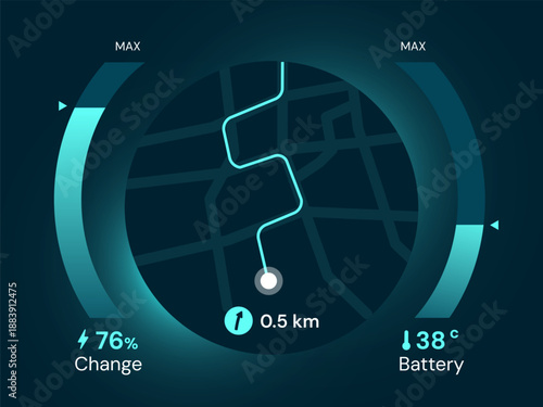 Electric Vehicle(EV) Dashboard User Interface with Map navigation Panel search availability EV charging station and show battery percentage automobile technology vector illustration design concept.