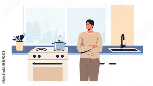Man Waiting in Kitchen with Boiling Kettle