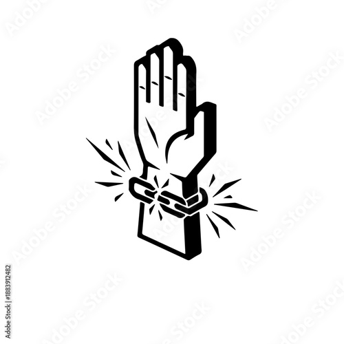 Isometric 3D vector of a hand breaking a chain link. Professional black and white technical illustration representing freedom, solution, and system liberation