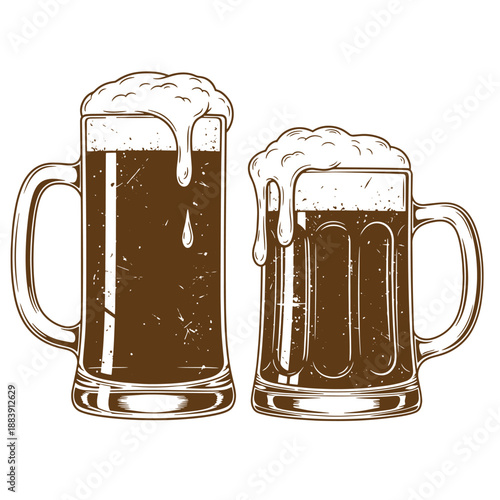 Drawing Vintage grunge  texture Two brown beer mugs with foamy tops and handles on white background  alcohol drinks