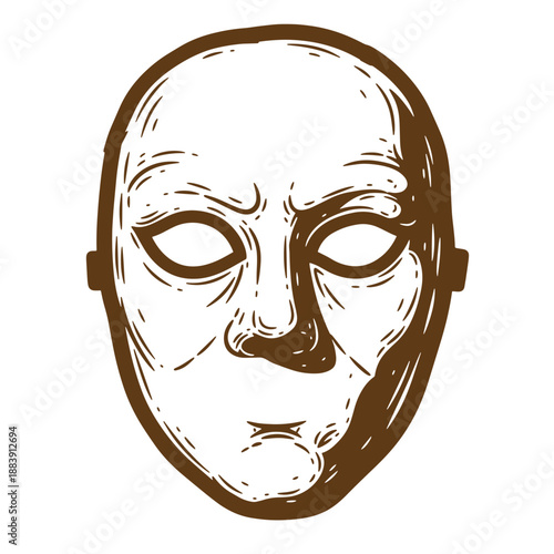 Drawing Vintage grunge  texture a brown and white drawing of a creepy mask with no expression  on a neutral background