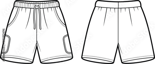 Kids cargo knit shorts front and back technical apparel flat with drawstring waistband pockets clean outline for tech pack upload, cad drawing flat vector illustration